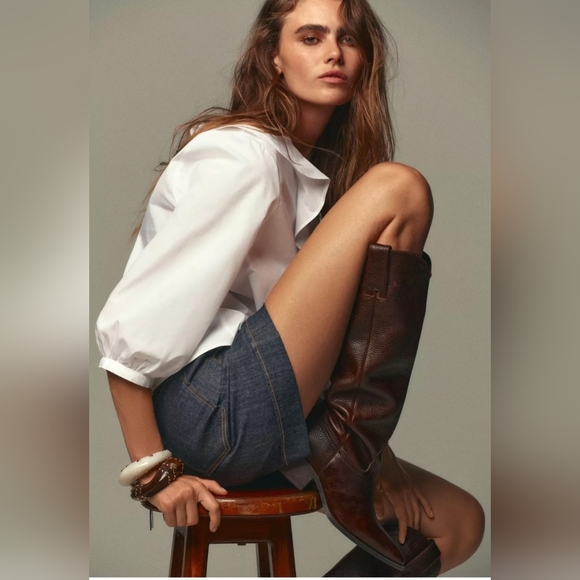 NEW ZARA TEXTURED LEATHER KNEE HIGH WESTERN BOOTS. - Picture 2 of 16